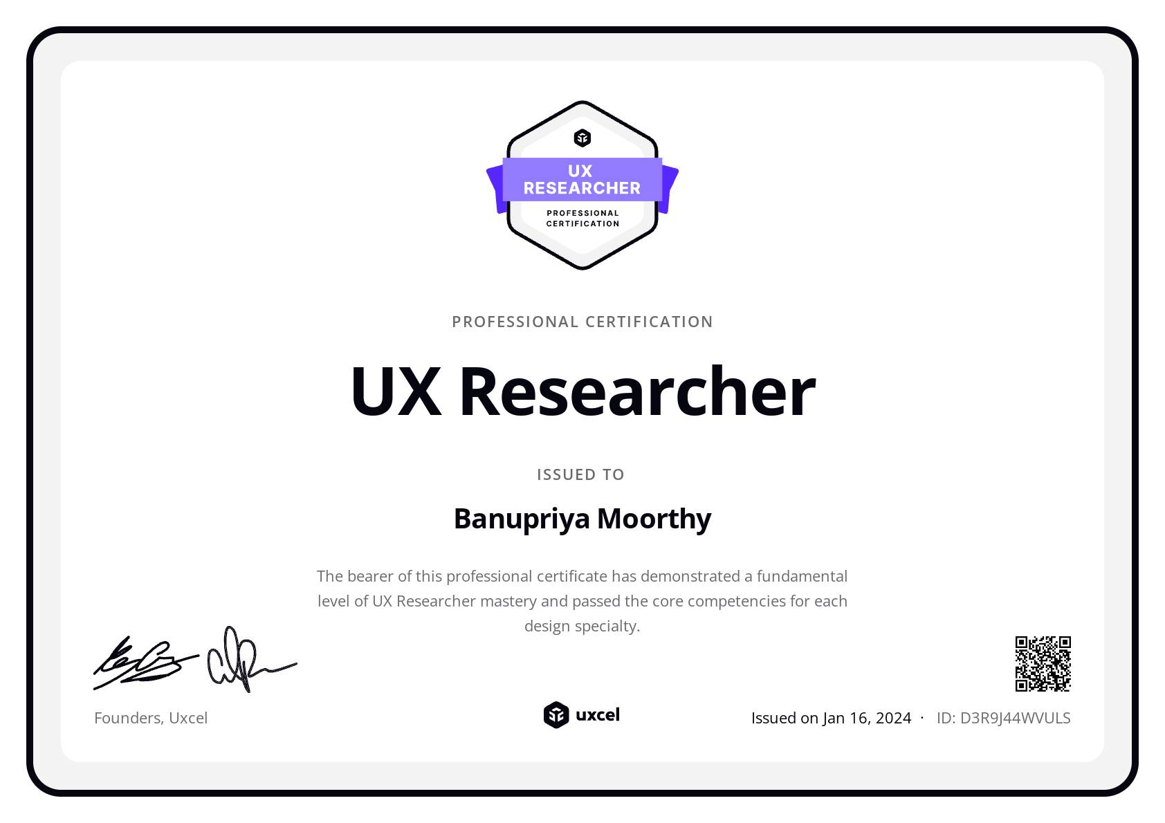 Banupriya Moorthy's certificate